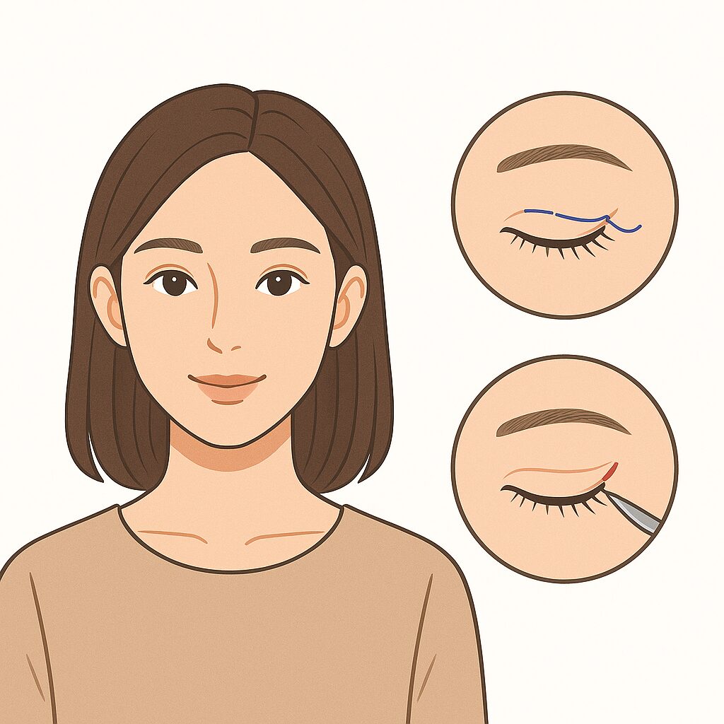 メスを使わない「埋没法」とまぶたを切開する「切開法」を示す画像